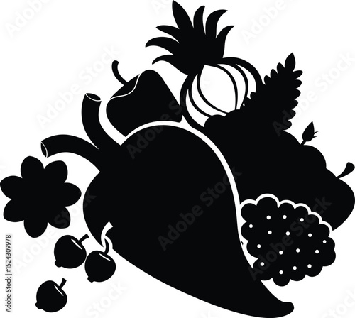 Fruit silhouette with assorted harvest vegetables and berries including pepper grape onion and pineapple in a compact composition