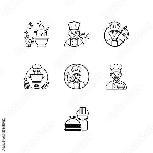 line icon set chicken chef..cooking fish.chef.cooking burger chef.