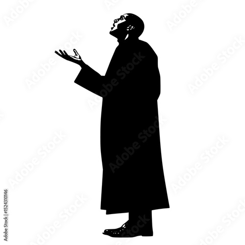 a black and white illustration of a person standing in a robe with their hands out black, coat, hand, illustration, man, person, priest, robe, silhouette, stand , Generative art.