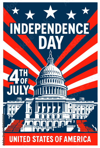 Retro-style illustration of the U.S. Capitol with stars and stripes background and text “Happy Independence Day.” Patriotic American holiday design with vintage aesthetics.