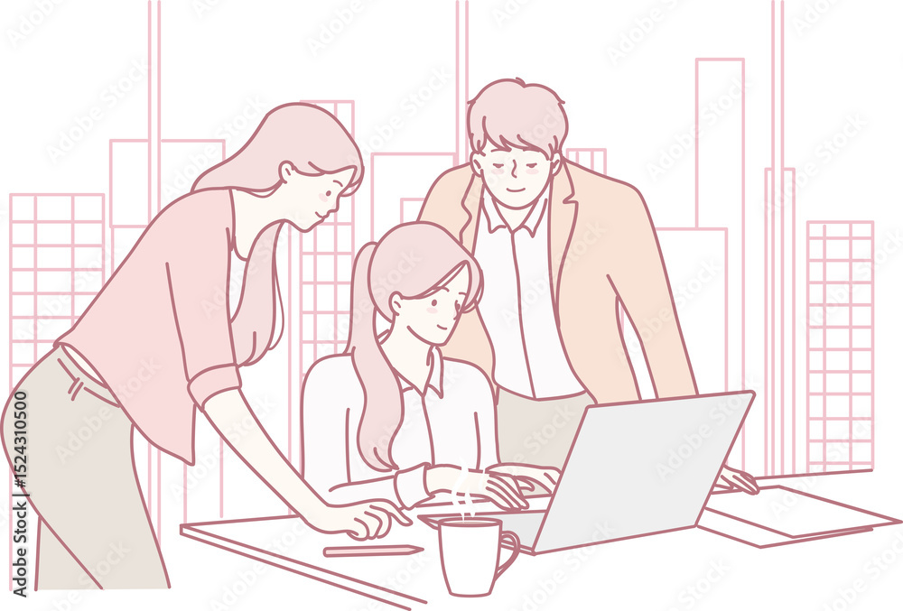 Fototapeta premium A dynamic team collaborates on a shared laptop, showcasing teamwork and innovation in a vibrant workplace
