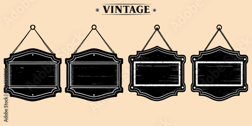 Vintage hanging signboard in white distressed wood with black frame, retro boutique style, no text