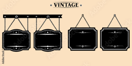 Vertical café entrance sign, vintage black wood with distressed white frame, hanging by chains