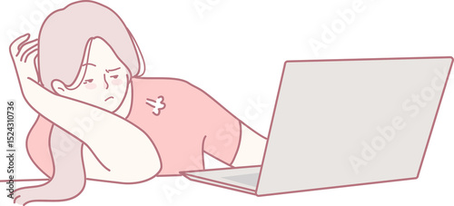 A young woman appears to be utterly bored while using her laptop, which symbolizes frustration and monotony she feels