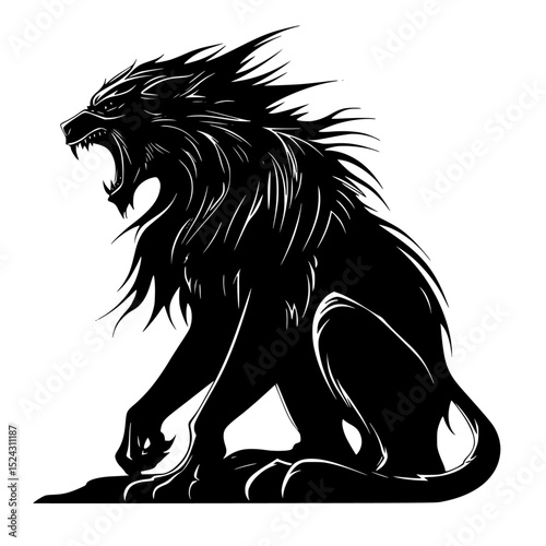 black silhouette of a roaring lion on a transparent background black, illustration, lion, open, silhouette , Generative art.