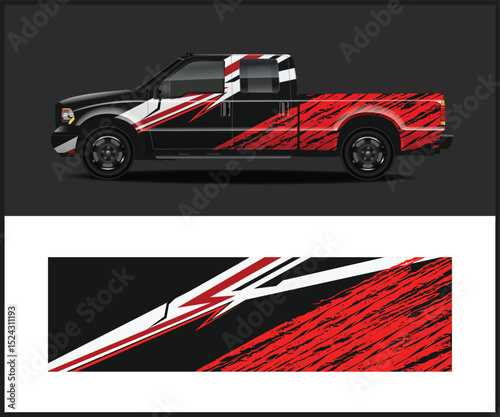 Black Pickup Truck with Red and White Abstract Wrap Design