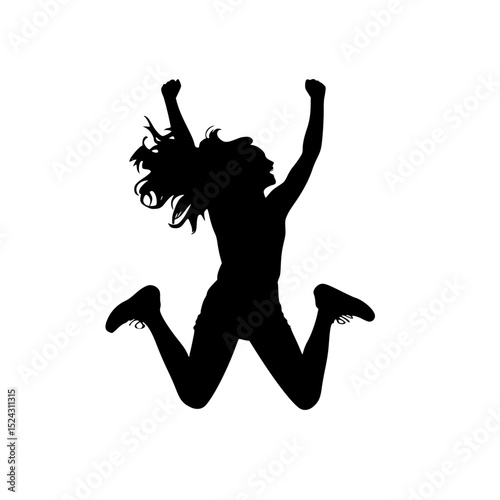 a black silhouette of a young woman jumping in the air black, girl, hair, jump, silhouette, woman, young , Generative art.