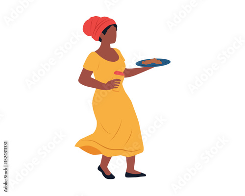 Flat style vector of African woman wearing traditional dress and headwrap while holding a tray. Ideal for cultural, food, or hospitality themes