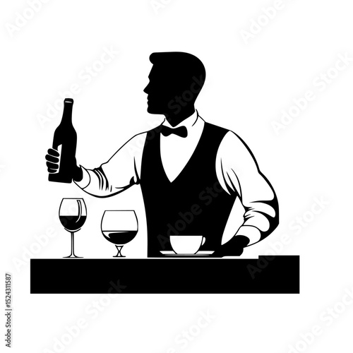 a man sitting at a bar holding a tray with a bottle of wine and a glass bar, bartender, black, bottle, glass, hold, man, pour, sit, tray, waiter, wine, wine glass , Generative art.