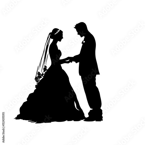 a black and white silhouette of a bride and groom holding hands black, bride, couple, groom, hand, hold, man, silhouette, wedding couple , Generative art.