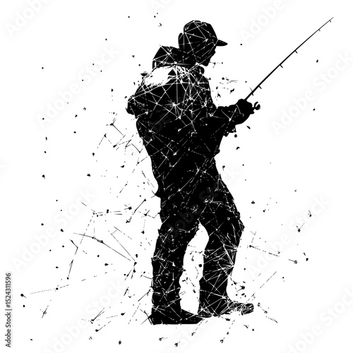 a silhouette of a fisherman with black lines on a transparent background art, black, fisherman, line, man, silhouette , Generative art.