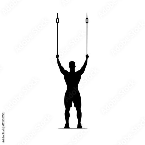 a black silhouette of a man holding a rope over his head bar, black, hand, hang on, head, hold, man, person, rope, silhouette , Generative art.