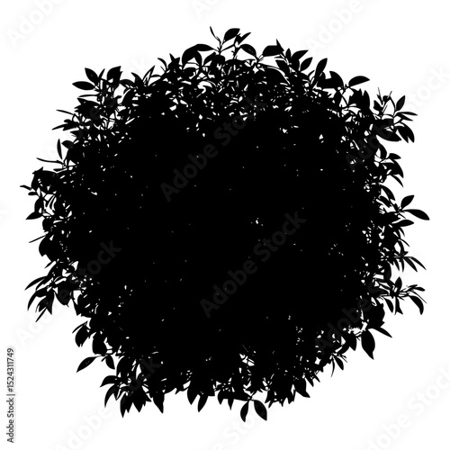 a black and white silhouette of a tree or bush black, bush, circle, silhouette, tree , Generative art.