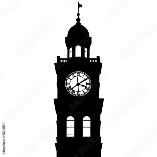 a black and white silhouette of a tall tower with a clock on it black, building, clock, clock tower, silhouette, tall, top, tower , Generative art.