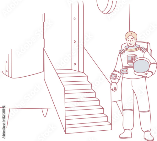 Fototapeta Naklejka Na Ścianę i Meble -  An astronaut stands at a spacecraft entrance, ready for an exciting journey into the vastness of space