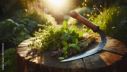 Sickle placed beside fresh-cut herbs in a garden bed surrounded by sunlight and dew.