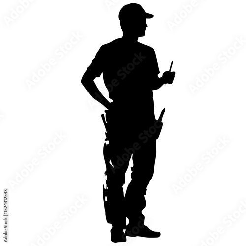 black silhouette of a soldier with tools on a transparent background black, man, silhouette, soldier, stand, tool , Generative art.