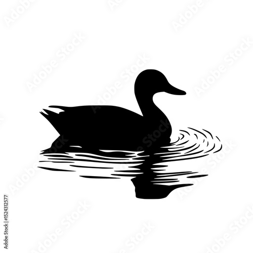 a black and white illustration of a duck swimming in a pond with its reflection black, duck, float, illustration, pond, reflection, silhouette, swim, water , Generative art.