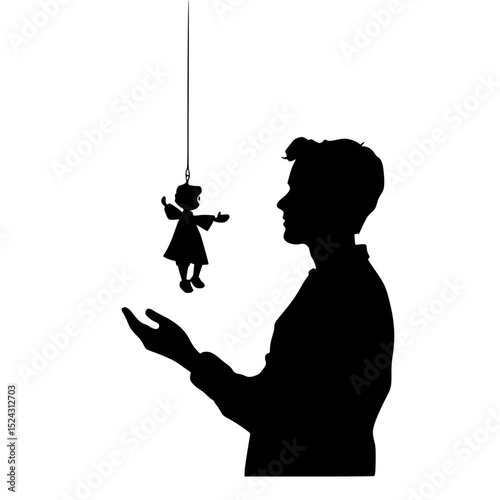 a black silhouette of a man holding a little girl in his hands black, boy, child, girl, hand, hold, little, man, silhouette , Generative art.