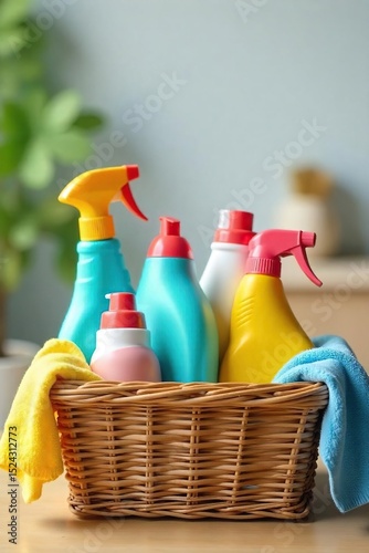 A cheerful housewarming gift basket overflowing with cleaning supplies, kitchen gadgets, and cozy home decor items, ready to brighten a new home , housewarming basket, moving house, cozy home