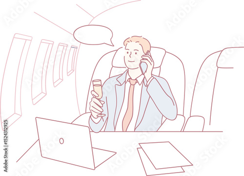 A welldressed professional in a stylish suit makes an important business call while sipping a drink on a private jet photo