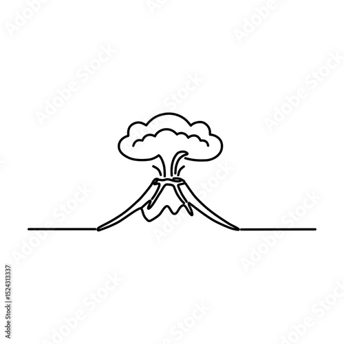 Lenticular cloud, erupting volcano with smoke plume in minimalist line art style  