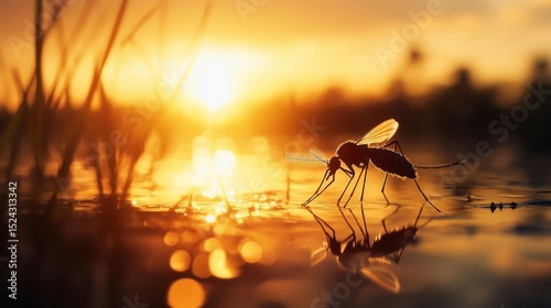 World Mosquito A mosquito stands on water, reflecting the vibrant sunset and creating a serene atmosphere.