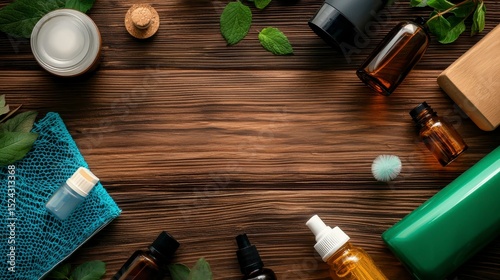 World Mosquito Natural beauty products arranged artistically on a wooden surface with greenery.