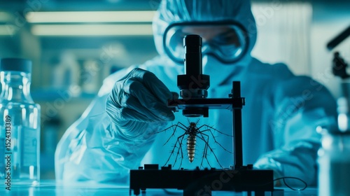 World Mosquito Scientist examining a specimen under a microscope in a laboratory setting.