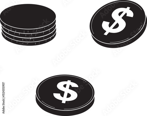 Black Silhouette Vector Icons of Dollar Coins and Stacks for Finance