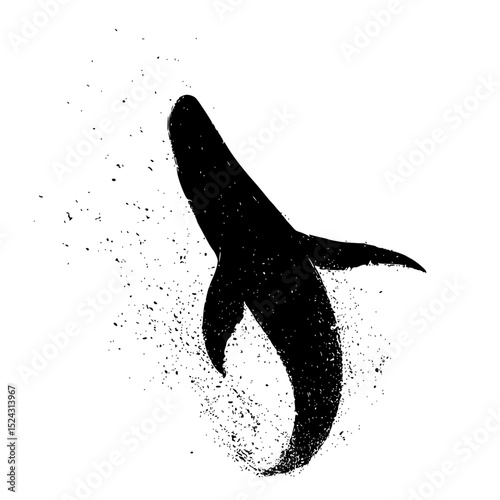 a splattered ink background with a black whale silhouette black , Generative art.