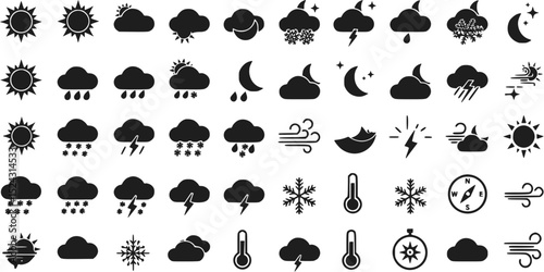 Weather Icons: Sun Cloud Rain Snow Wind Lightning Temperature Compass 