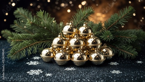 Gold Christmas Bells And Fir Branches On Glittery Dark Surface	
