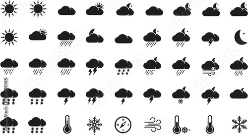 Weather Icons Set: Sun Cloud Rain Snow Wind Temperature Lightning Nigh