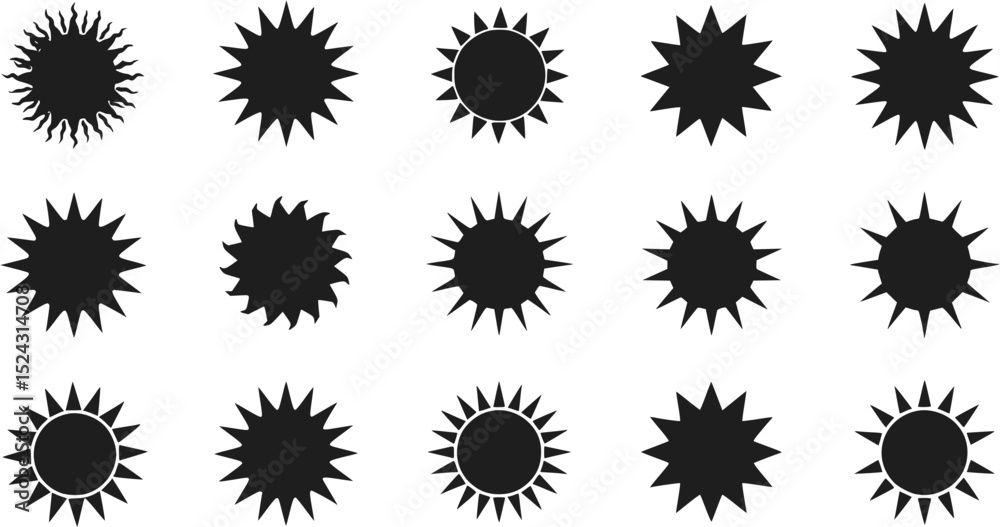 Fototapeta premium 15 Black Sun Icons Starburst Sunburst Vector Graphics Shapes