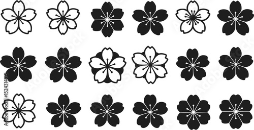 Black and White Cherry Blossom Flower Icons Japanese Floral Symbols Sp