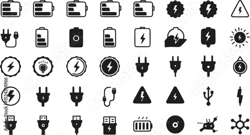 Electricity Icons: Battery Plug Charger Power Voltage Energy Symbols