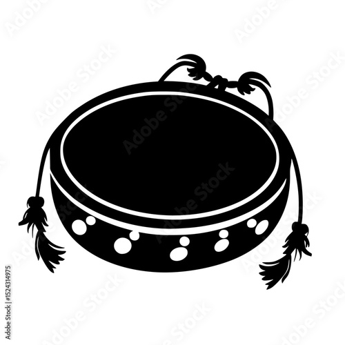 a black silhouette of a tambourine with feathers on a transparent background illustration black, feather, icon, illustration, instrument, silhouette, style , Generative art.