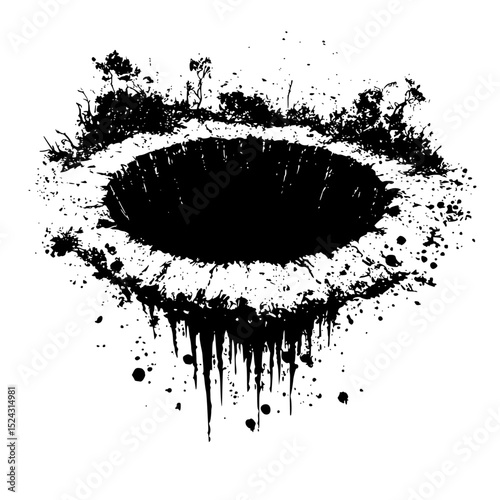 a black and white ink drawing of an eye black, eye, hole , Generative art.