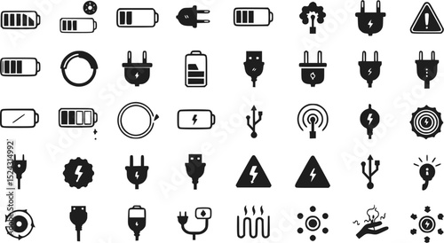 Power Plugs Battery Charge Icons: Electrical Symbols & USB Vector Illu