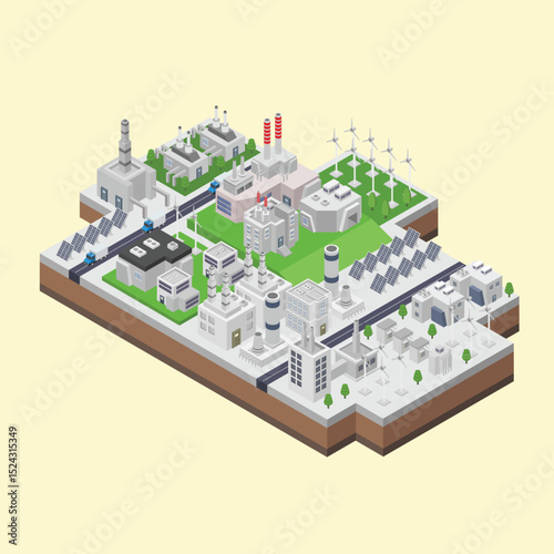 Sustainable City An Isometric Illustration of Green Energy and Infrastructure