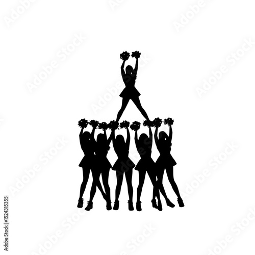 black silhouettes of cheerleaders dancing on a transparent background black, cheerleader, child, crowd, dance, silhouette , Generative art.