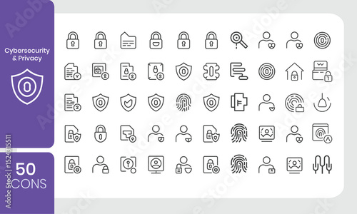 Collection of cybersecurity and privacy outline icons representing security and confidentiality for designs