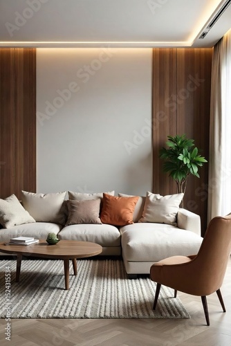 Sleek, minimalist living room featuring a modular sofa, coffee table, and accent chair in muted tones Perfect for modern home d?cor inspiration , living space, furniture design