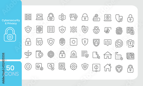 Collection of fifty cybersecurity and privacy icons representing protection and security elements