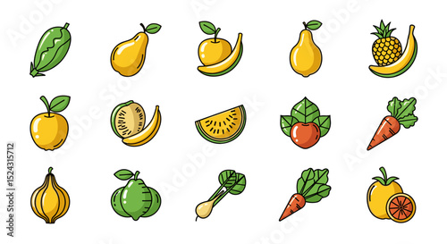 Illustration of various fruits and vegetables including pears apples bananas and root vegetables artfully arranged