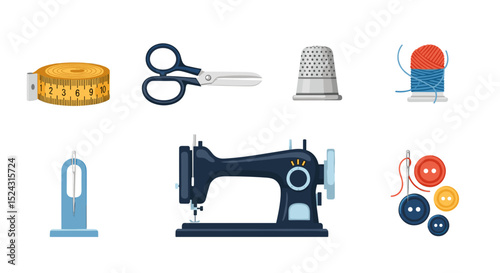 Illustration of sewing tools and equipment including measuring tape scissors and sewing machine displayed