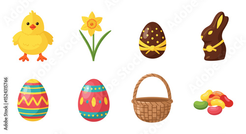 A collection of easter themed items including a chick daffodil eggs bunny basket and candies