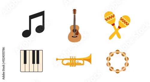 Illustration of musical instruments including guitar, maracas, trumpet, and tambourine in a group