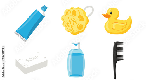 Illustration of bathroom essentials including toothpaste soap shampoo comb and rubber duck for hygiene